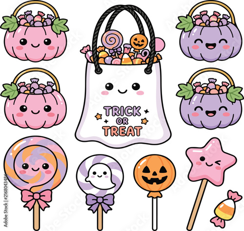 Cute Pastel Kawaii Halloween Candy Clipart Basket Vector