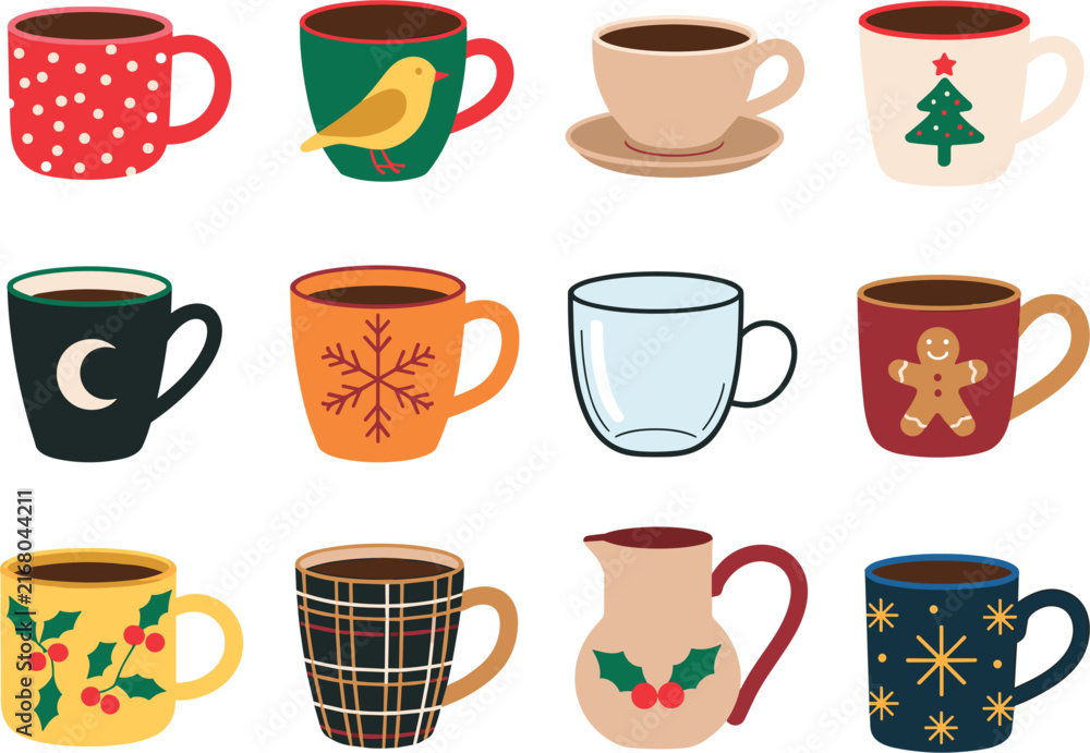 Obraz premium Winter coffee mugs vector set, cozy christmas tea cup icons, festive holiday drink elements isolated on white background