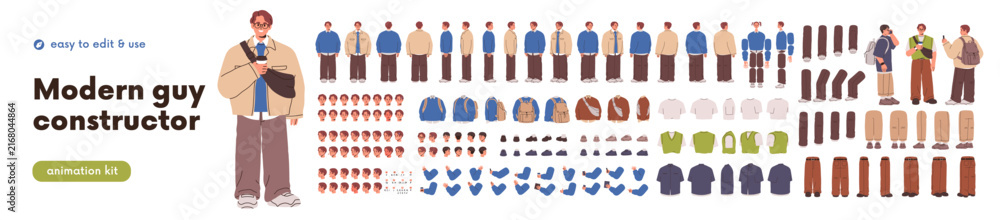 Fototapeta premium Male person set, man vector constructor kit. Man body poses for front, side, back design. Male body consructor, young character kit. Persons face expressions, legs and arms. Human animation collection
