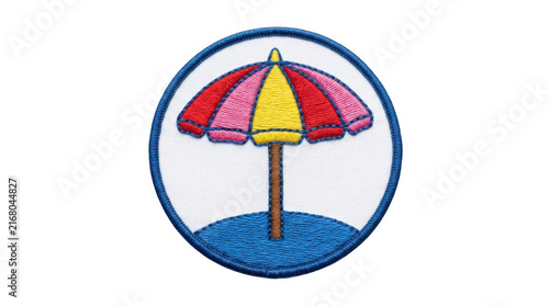 Canvastavla Colorful beach umbrella icon with ocean waves isolated on transparent background