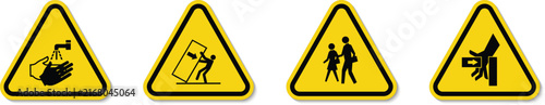 Four safety warning triangle icons with icons inside