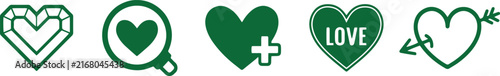 Green love icons set with heart shapes and symbols