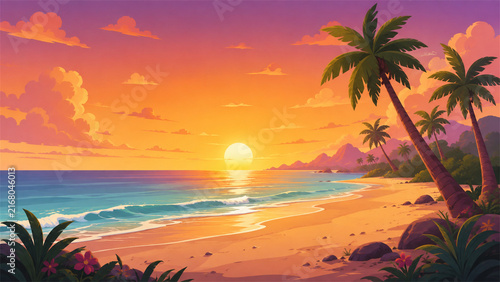 Warm tropical beach sunset with glowing sun over calm turquoise water and golden sand framed by leaning palm trees colorful flowers and distant island cliffs in a dreamy coastal paradise
