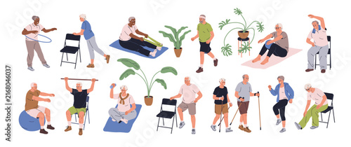 Active senior people do sport exercises set. Healthy elderly men and women during workout, fitness training. Old-aged characters walking, jogging. Flat vector illustration isolated on white background