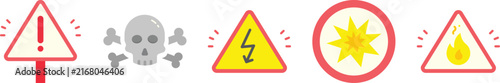 Danger warning icons set with skull and lightning