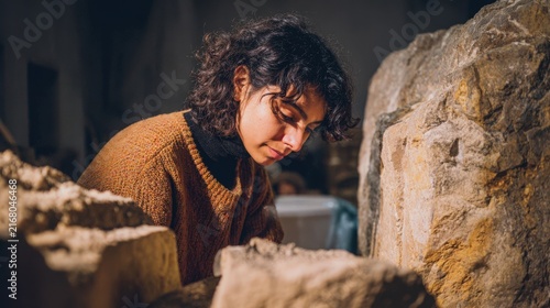 Focused young female artisan works with large natural textured stones in a dimly lit workshop studio