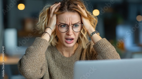 Stressed young woman wearing round glasses pulls her blond hair while looking at computer screen intently