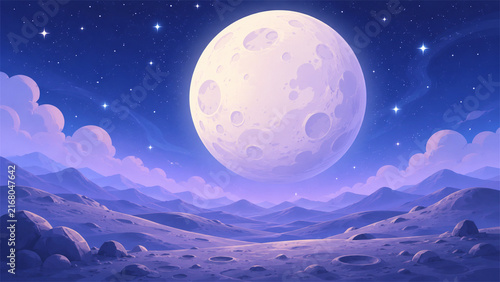 Surreal alien landscape beneath a huge glowing full moon with violet mountain ranges cratered plains and star filled deep blue sky creating a serene otherworldly science fiction backdrop