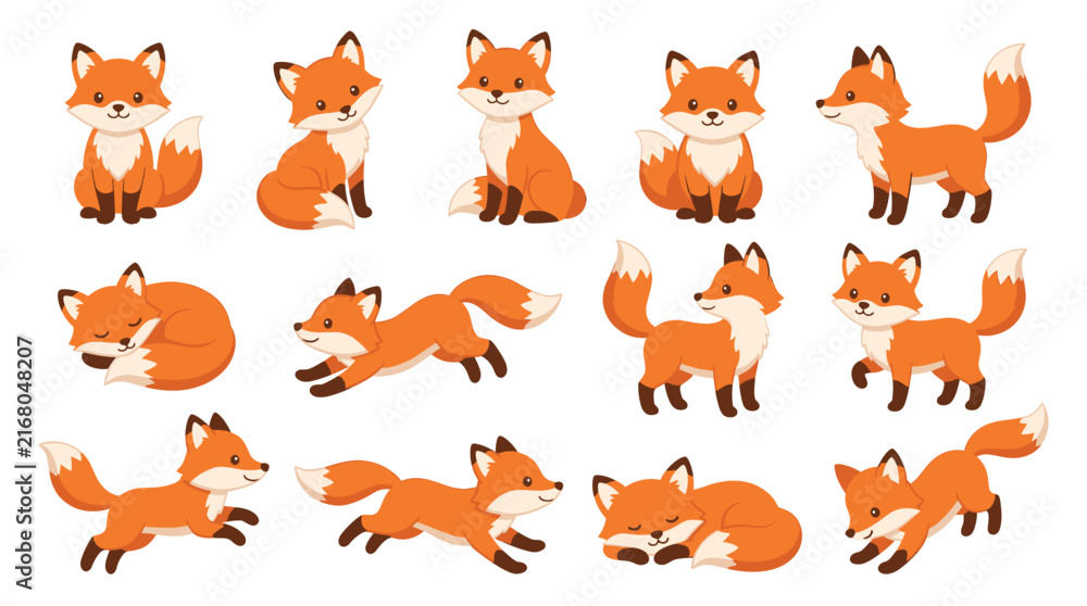 Obraz premium Forest animal themed element pack in a cute doodle style, sitting foxes, jumping kits, sleeping animals, and walking cubs
