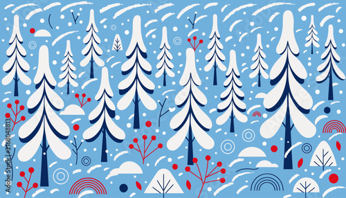 whimsical winter forest landscape with snow covered trees