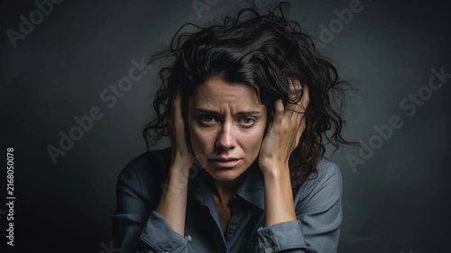 Woman with curly hair expressing sadness in a dimly lit room during evening hours