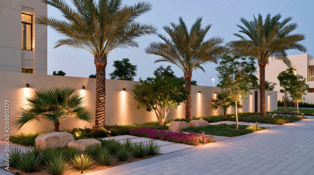 Fototapeta premium Modern luxury garden landscaping with outdoor lighting