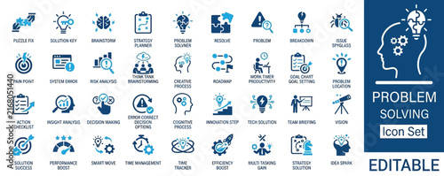 Comprehensive business problem solving icon collection including analytical strategy concepts, innovative logic symbols, and management planning tools