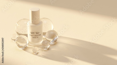 Natural SPF 50 daily defense serum bottle with glass bubbles on beige background