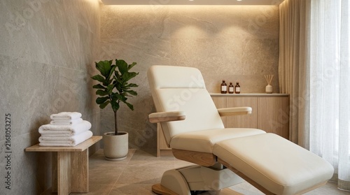 Modern luxury spa treatment room interior with massage bed and fresh towels in a wellness center