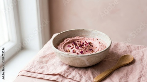 Homemade pink beetroot hummus in a rustic ceramic bowl garnished with dried rose petals and spoon