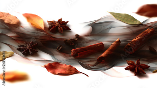 Autumn spices with cinnamon sticks star anise and dried leaves on smoke background