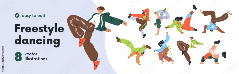 Fototapeta premium Breakdance, street freestyle dancing set. Energetic young people performing hip-hop moves to music. Dancers in cool poses, urban youth culture. Flat vector illustration isolated on white background