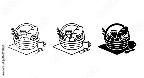 Vector Icons: Picnic Basket with Bread, Fruit, Jars, and Coffee Cup, Line Art and Silhouette Styles