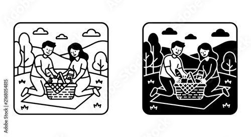 Couple Picnic Vector Art, Outdoor Leisure Scene, Summer Day Recreation, Black and White Illustration