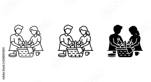 Couple Picnic Icons, Outdoor Meal Vector Set, Summer Leisure Activity Graphics