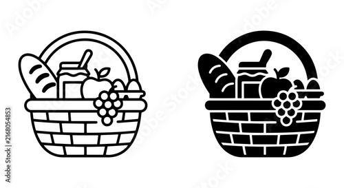 Picnic Basket Icons, Food Basket Vector Graphics, Outdoor Meal Illustration, Summer Food Basket Set