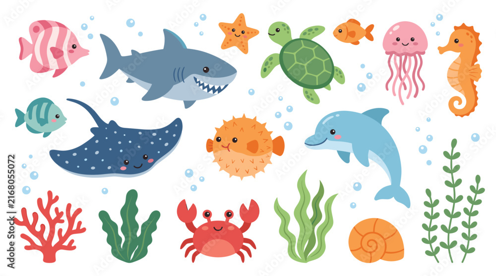 Fototapeta premium ocean life themed sticker set with a cute doodle style, sharks, dolphins, turtles, jellyfish, crabs, coral, and seaweed