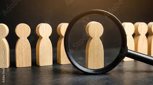 Magnifying glass examining wooden figure inspection