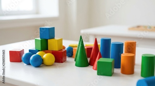 Colorful wooden geometric building blocks arranged on a white table for early childhood learning