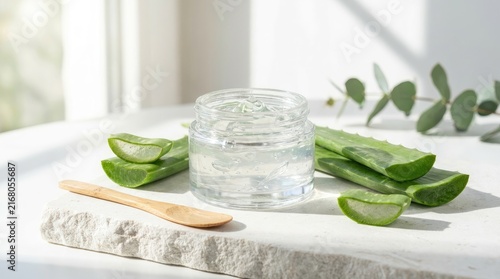 Natural aloe vera gel in a glass jar with fresh plant leaves on a white stone surface for spa.