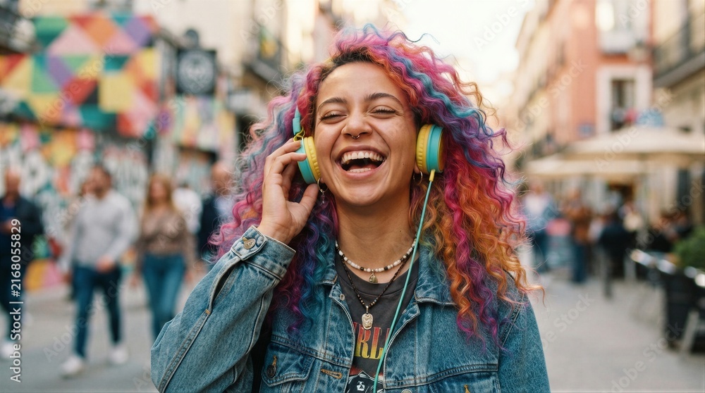 Fototapeta premium Young woman laughing with headphones walking in urban street