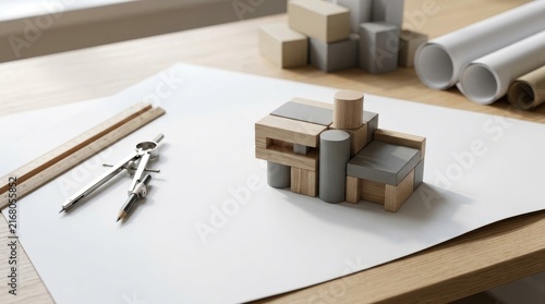 Architectural scale model made of wooden blocks on blueprint paper with drawing tools