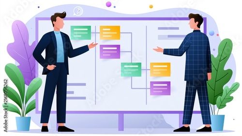 Two businessmen collaborating during a project planning session with a colorful flowchart on a whiteboard in a modern office setting