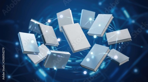Digital ebooks floating inside a glowing blue futuristic network connection background.