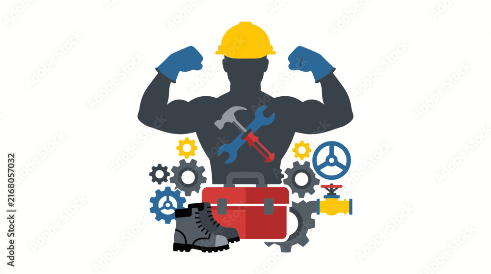 Fototapeta premium Strong muscular construction worker silhouette with professional industrial tools gears and equipment for repair maintenance services