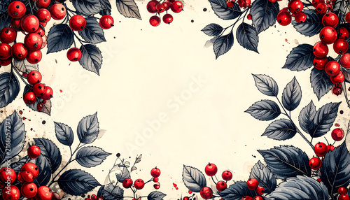 Elegant festive winter border featuring vibrant red berries and deep-toned leaves, artfully arranged to frame a soft cream background, perfect for seasonal designs and holiday celebrations