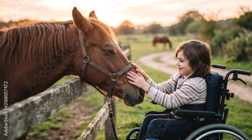Young Child in Wheelchair Petting Brown Horse at Farm Sunset