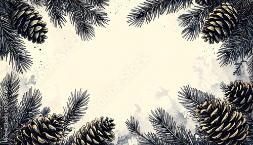 Elegant Winter Holiday Frame with Fir Branches and Natural Pine Cones, Creating a Festive Border on a Light Textured Background for Seasonal Designs and Greetings