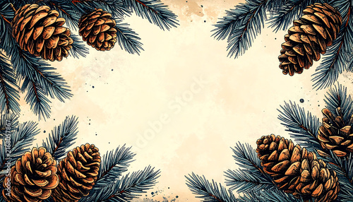 Watercolor illustration of evergreen pine branches and pine cones forming a festive winter frame. Ideal for holiday cards, seasonal backgrounds, and natural greeting designs