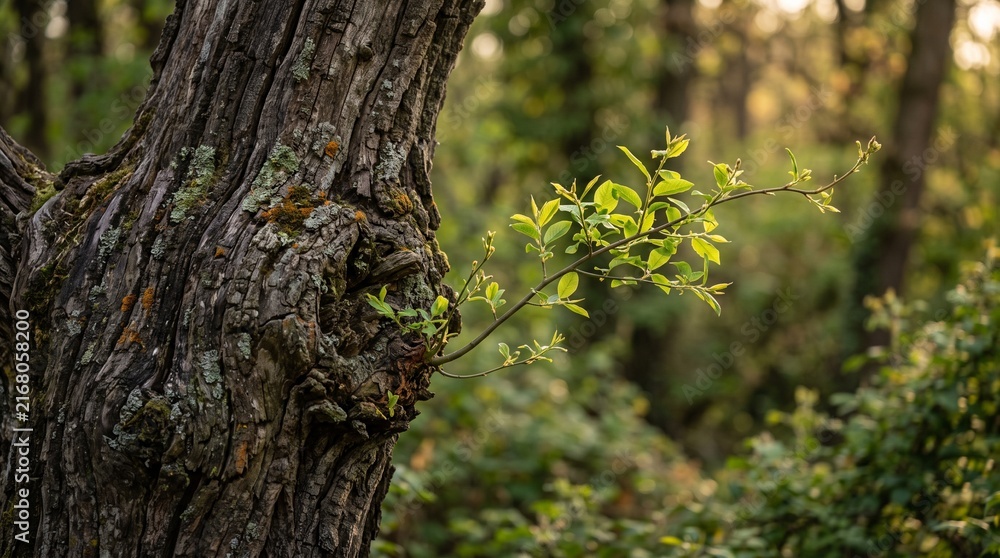 Fototapeta premium Fresh green branch growing from an old textured tree trunk