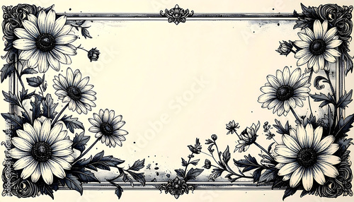 Elegant vintage black and white floral frame with detailed daisy illustrations and ornate botanical border, providing a graceful blank space for text or design