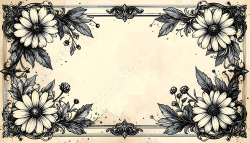 Ornate Vintage Daisy Floral Frame Template with Elegant Corner Decorations for Invitations and Graphic Design Projects in Classic Monochrome Style
