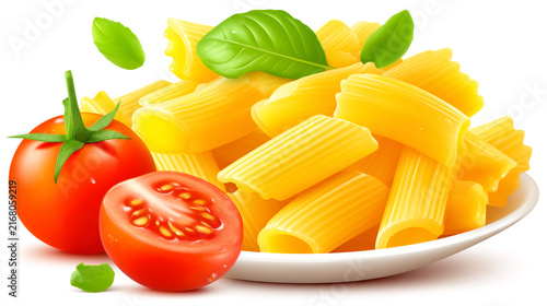 Rigatoni pasta on a white plate with fresh tomatoes and basil leaves isolated on white background