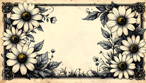 Elegant vintage floral frame with charming white daisies and intricate botanical details, perfect for invitations, greetings, or decorative borders with a touch of timeless rustic beauty