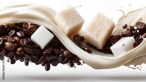 Coffee beans and sugar cubes splashing in cream wave on white background with cream splash