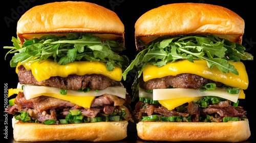 Two double cheeseburgers stacked with fresh greens and melted cheese double cheeseburger fast food