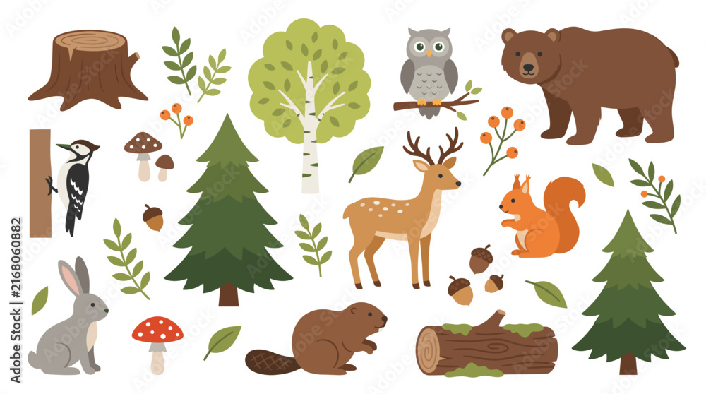 Obraz premium Forest nature themed element pack, flat woodland style, brown bear, deer, owl, squirrel, rabbit, trees, and mushrooms.