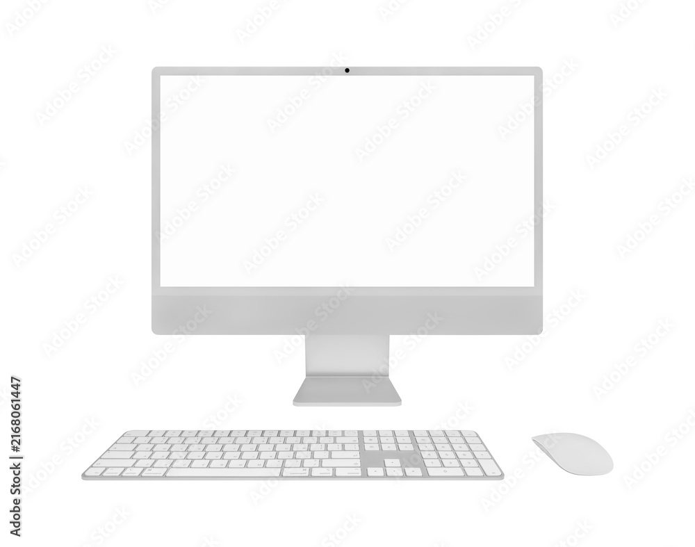 Fototapeta premium Front view modern silver desktop computer set isolated on white background, Empty screen