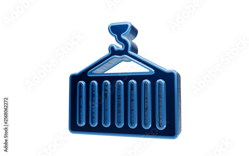 Shipping Container Icon: A sleek, blue 3D rendered icon of a shipping container suspended from a crane hook, symbolizing global logistics and trade.