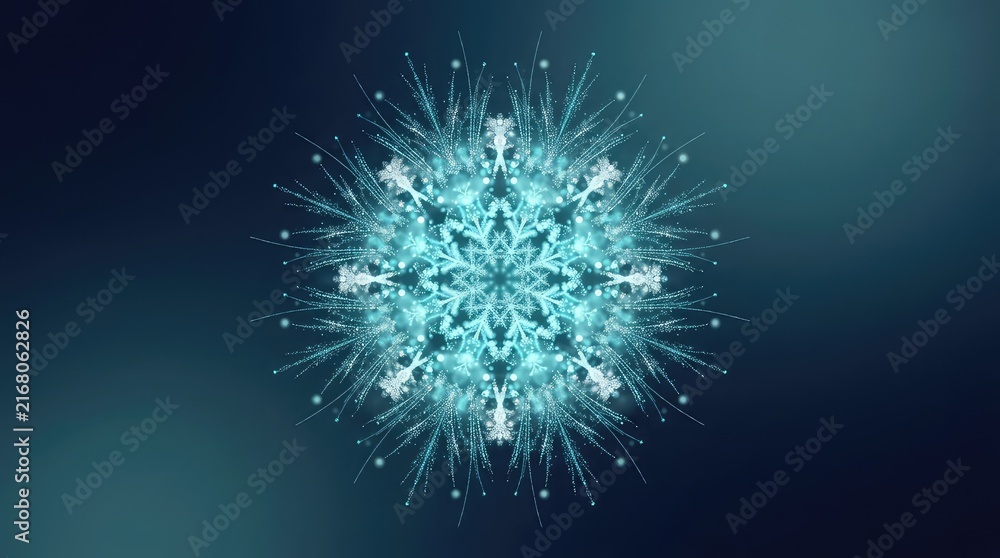 Fototapeta premium Abstract glowing blue snowflake pattern on dark background